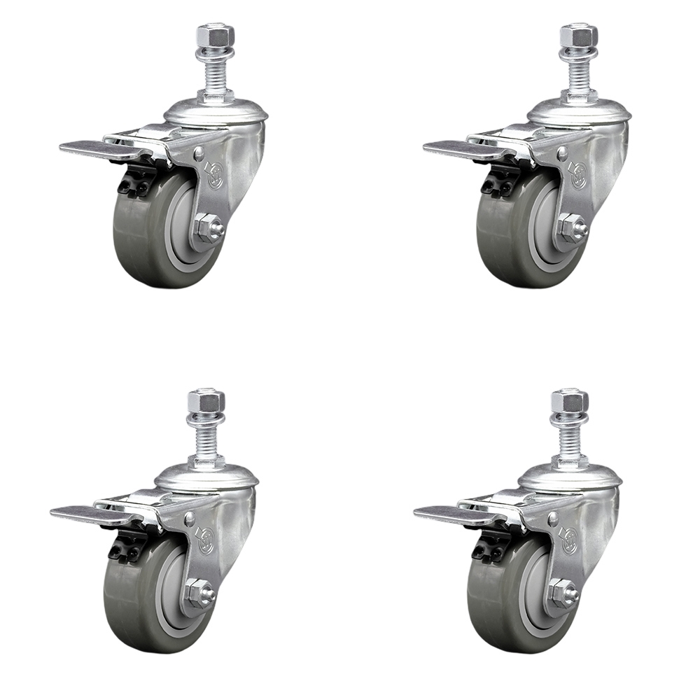 Stainless Steel Polyurethane Swivel Threaded Stem Caster Set of 4 w/3" x 1.25" Gray Wheels and 1/2" Stems - Includes 4 with Total Lock Brakes - 1200 lbs Total Capacity - Service Caster Brand — photo 1