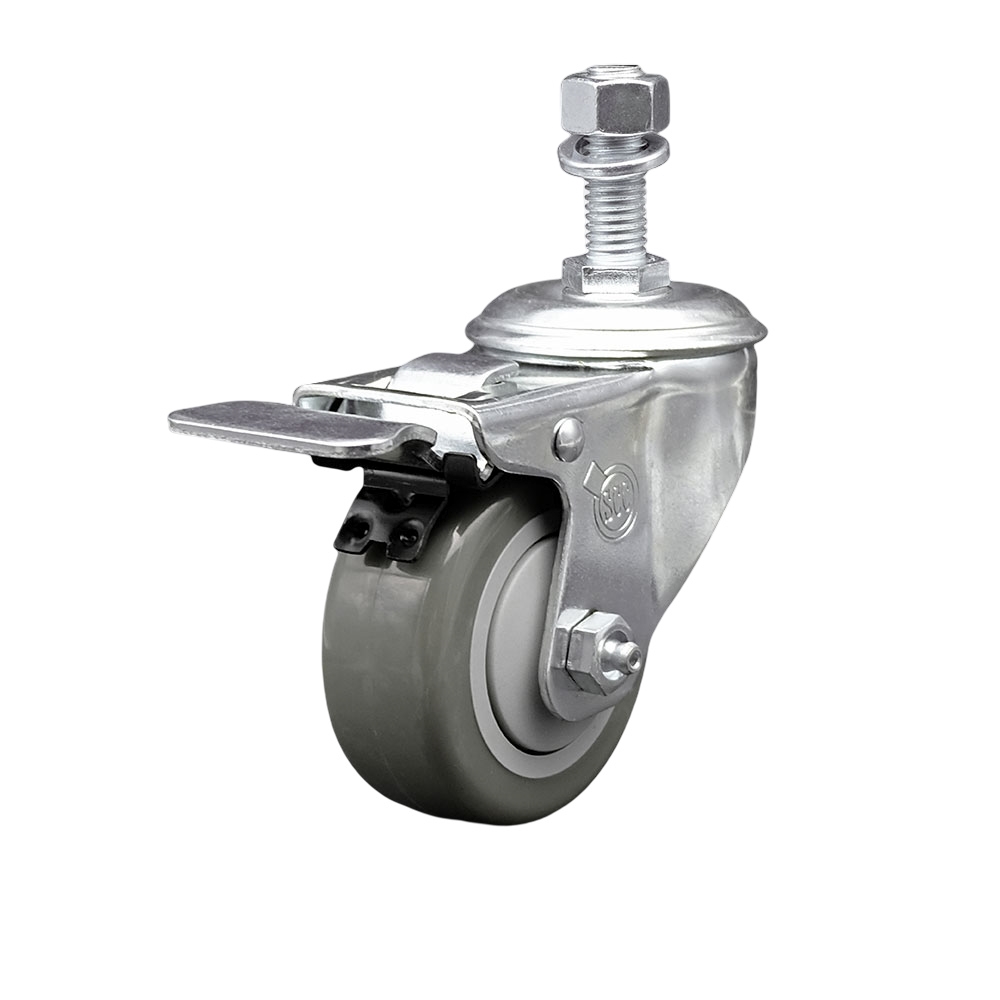 Stainless Steel Polyurethane Swivel Threaded Stem Caster w/3" x 1.25" Gray Wheel and 1/2" Stem & Total Locking Brake - 300 lbs Capacity/Caster - Service Caster Brand — photo 1