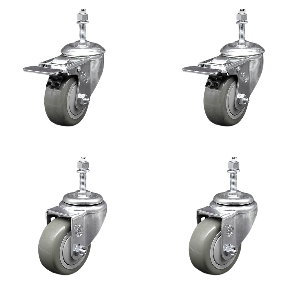 Stainless Steel Polyurethane Swivel Threaded Stem Caster Set of 4 w/3" x 1.25" Gray Wheels and 3/8" Stems - Includes 2 with Total Locking Brake - 1200 lbs Total Capacity - Service Caster Brand — photo 1