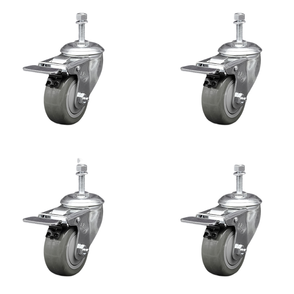 Stainless Steel Polyurethane Swivel Threaded Stem Caster Set of 4 w/3" x 1.25" Gray Wheels and 3/8" Stems - Includes 4 with Total Lock Brakes - 1200 lbs Total Capacity - Service Caster Brand — photo 1