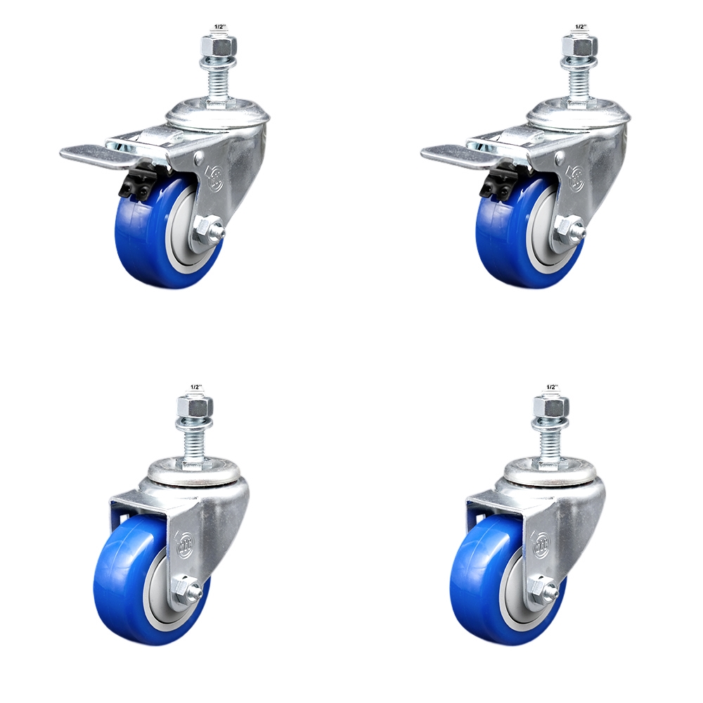 Stainless Steel Polyurethane Swivel Threaded Stem Caster Set of 4 w/3" x 1.25" Blue Wheels and 1/2" Stems - Includes 2 with Total Locking Brake - 1200 lbs Total Capacity - Service Caster Brand — photo 1