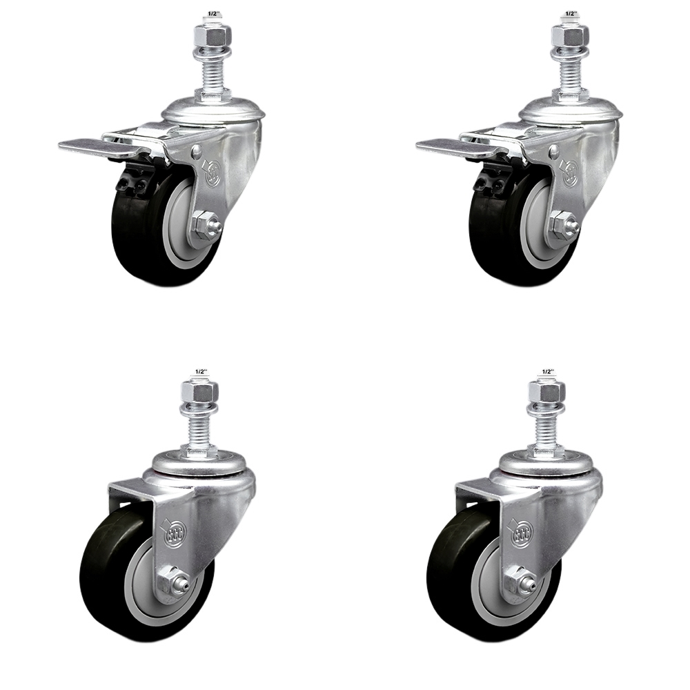 Stainless Steel Polyurethane Swivel Threaded Stem Caster Set of 4 w/3" x 1.25" Black Wheels and 1/2" Stems - Includes 2 with Total Locking Brake - 1200 lbs Total Capacity - Service Caster Brand — photo 1