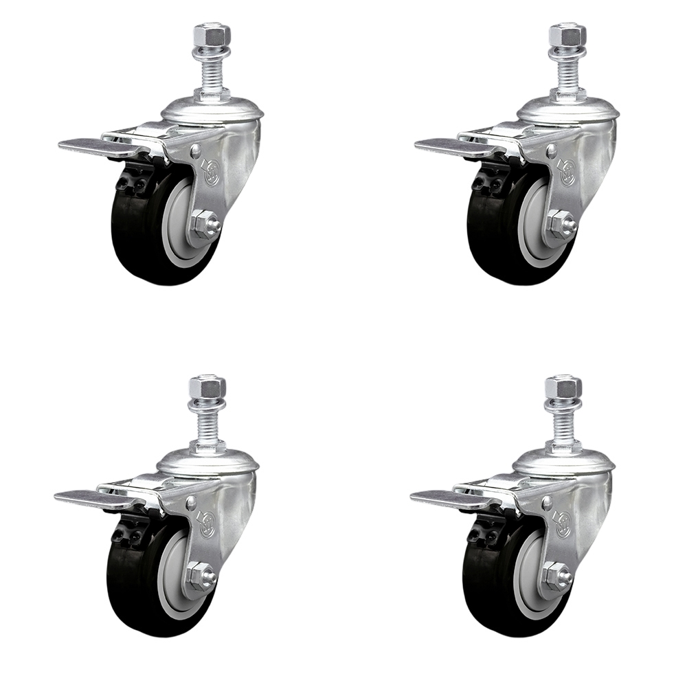Stainless Steel Polyurethane Swivel Threaded Stem Caster Set of 4 w/3" x 1.25" Black Wheels and 1/2" Stems - Includes 4 with Total Lock Brakes - 1200 lbs Total Capacity - Service Caster Brand — photo 1