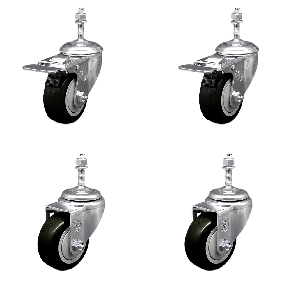 Stainless Steel Polyurethane Swivel Threaded Stem Caster Set of 4 w/3" x 1.25" Black Wheels and 3/8" Stems - Includes 2 with Total Locking Brake - 1200 lbs Total Capacity - Service Caster Brand — photo 1