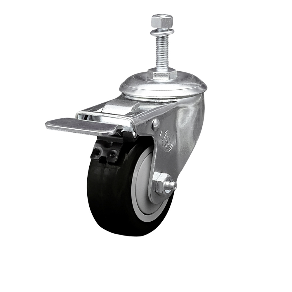 Stainless Steel Polyurethane Swivel Threaded Stem Caster w/3" x 1.25"  Black Wheel and 3/8" Stem & Total Locking Brake - 300 lbs Capacity/Caster - Service Caster Brand — photo 1