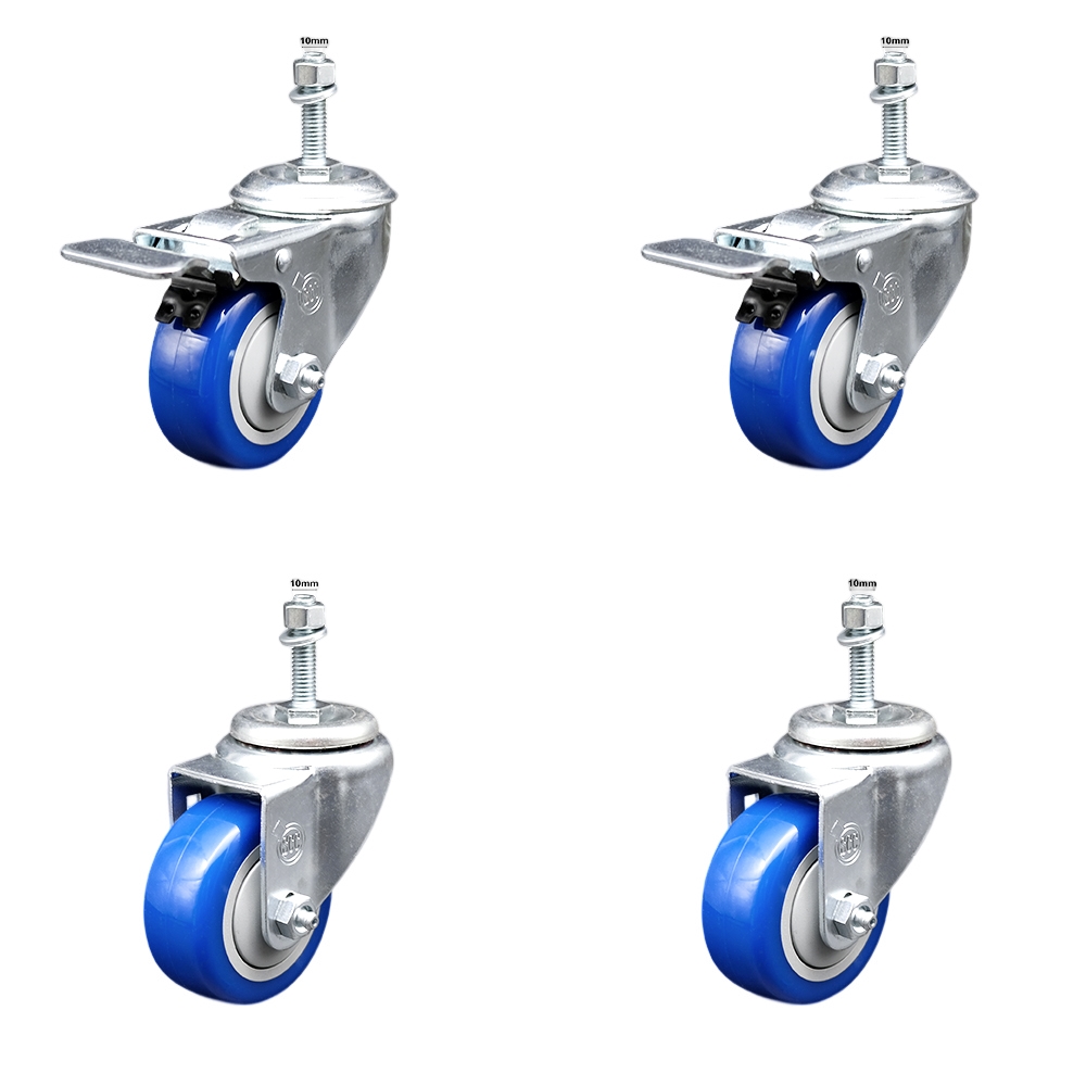 Stainless Steel Polyurethane Swivel Threaded Stem Caster Set of 4 w/3" x 1.25" Blue Wheels and 10mm Stems - Includes 2 with Total Locking Brake - 1200 lbs Total Capacity - Service Caster Brand — photo 1