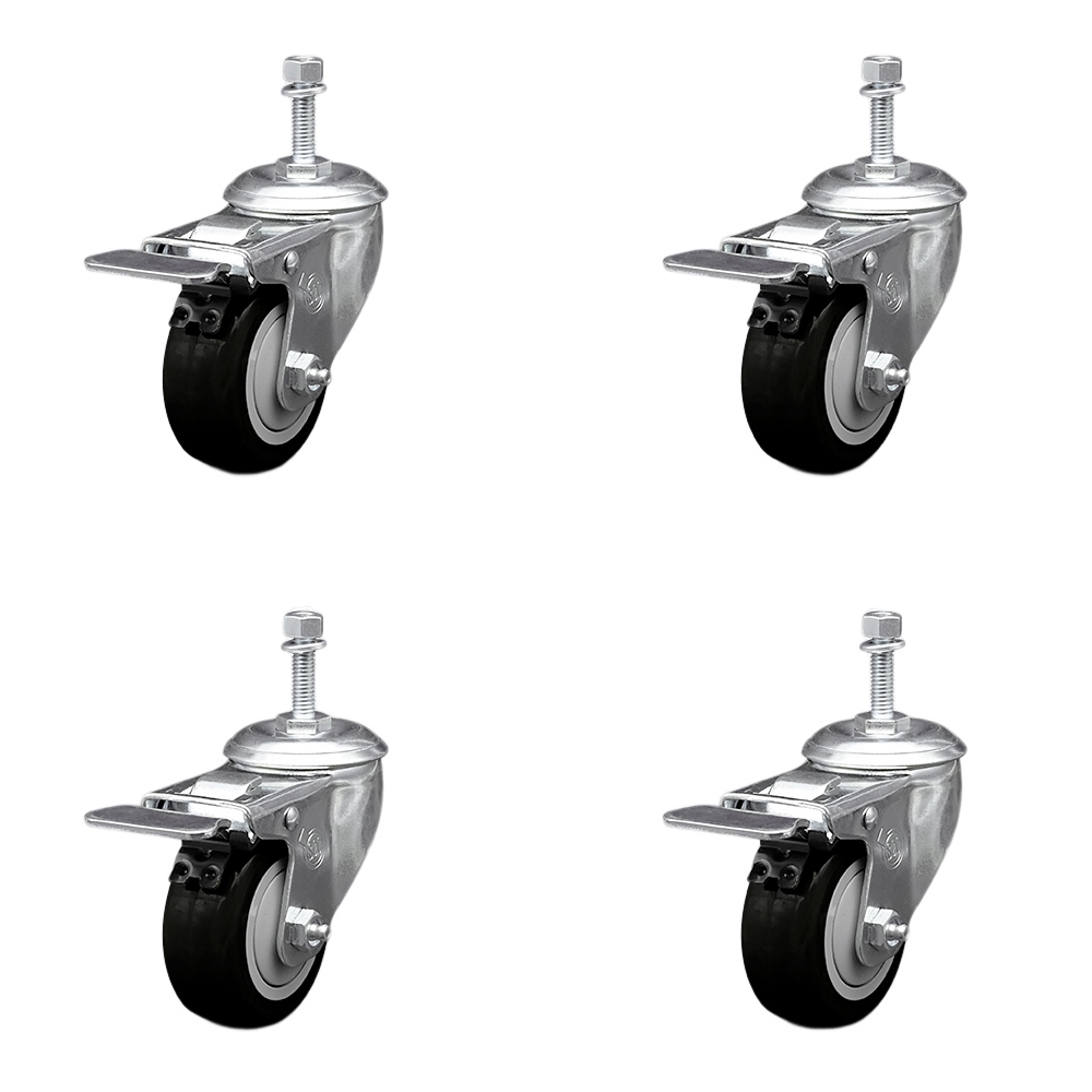 Stainless Steel Polyurethane Swivel Threaded Stem Caster Set of 4 w/3" x 1.25" Black Wheels and 10mm Stems - Includes 4 with Total Lock Brakes - 1200 lbs Total Capacity - Service Caster Brand — photo 1