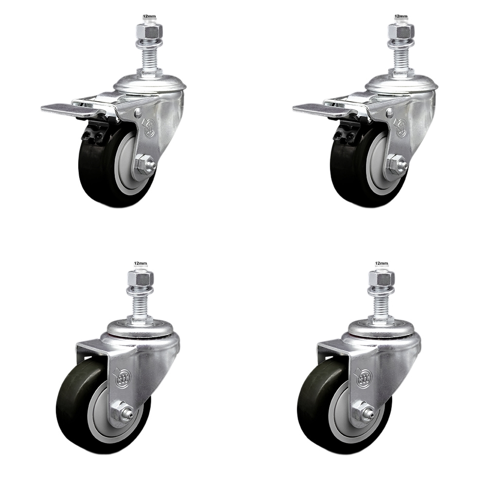 Stainless Steel Polyurethane Swivel Threaded Stem Caster Set of 4 w/3" x 1.25" Black Wheels and 12mm Stems - Includes 2 with Total Locking Brake - 1200 lbs Total Capacity - Service Caster Brand — photo 1