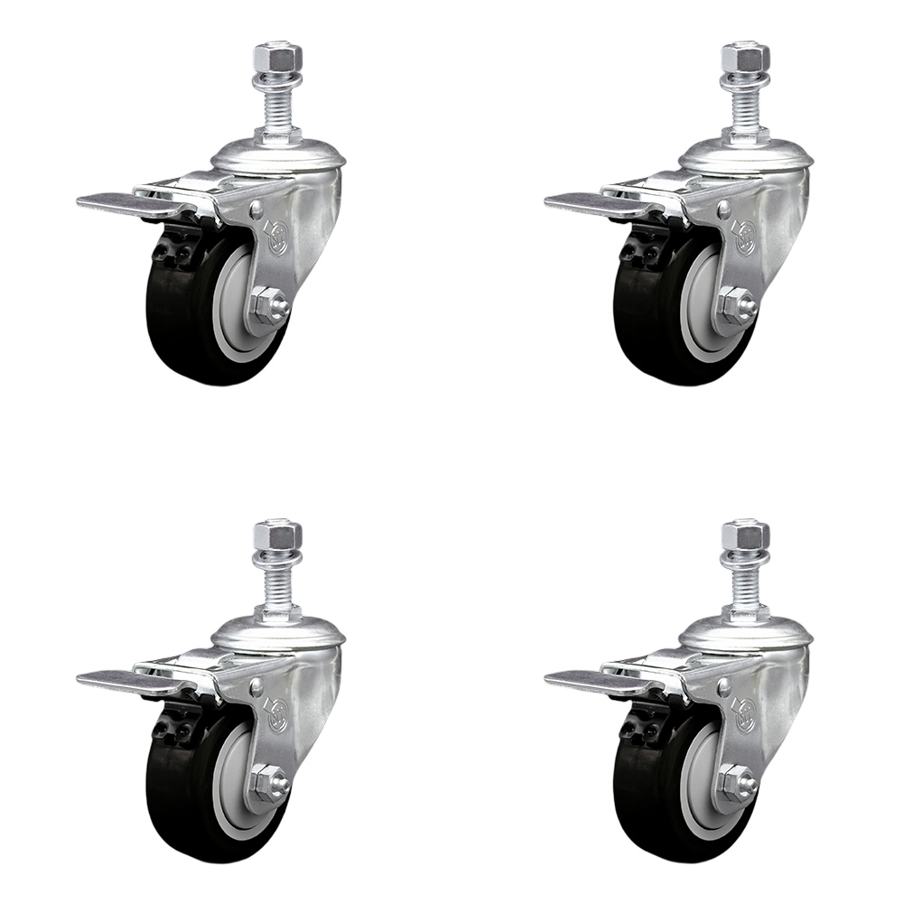 Stainless Steel Polyurethane Swivel Threaded Stem Caster Set of 4 w/3" x 1.25" Black Wheels and 12mm Stems - Includes 4 with Total Lock Brakes - 1200 lbs Total Capacity - Service Caster Brand — photo 1