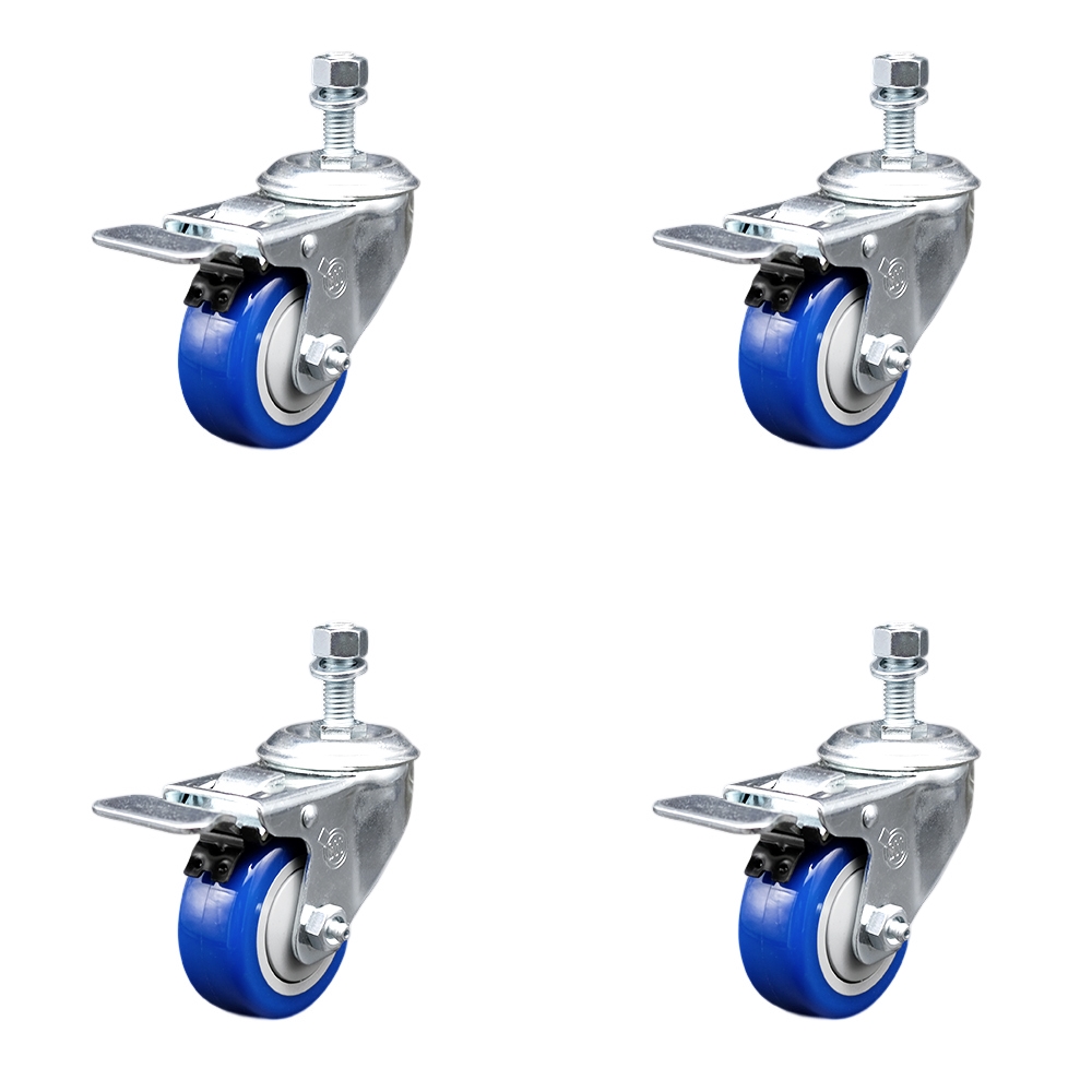 Stainless Steel Polyurethane Swivel Threaded Stem Caster Set of 4 w/3" x 1.25" Blue Wheels and 1/2" Stems - Includes 4 with Total Lock Brakes - 1200 lbs Total Capacity - Service Caster Brand — photo 1