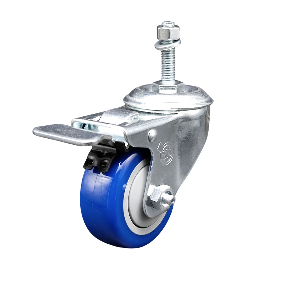 Stainless Steel Polyurethane Swivel Threaded Stem Caster w/3" x 1.25"  Blue Wheel and 3/8" Stem & Total Locking Brake - 300 lbs Capacity/Caster - Service Caster Brand — photo 1