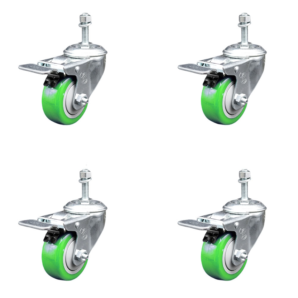 Stainless Steel Polyurethane Swivel Threaded Stem Caster Set of 4 w/3" x 1.25" Green Wheels and 3/8" Stems - Includes 4 with Total Lock Brakes - 1200 lbs Total Capacity - Service Caster Brand — photo 1