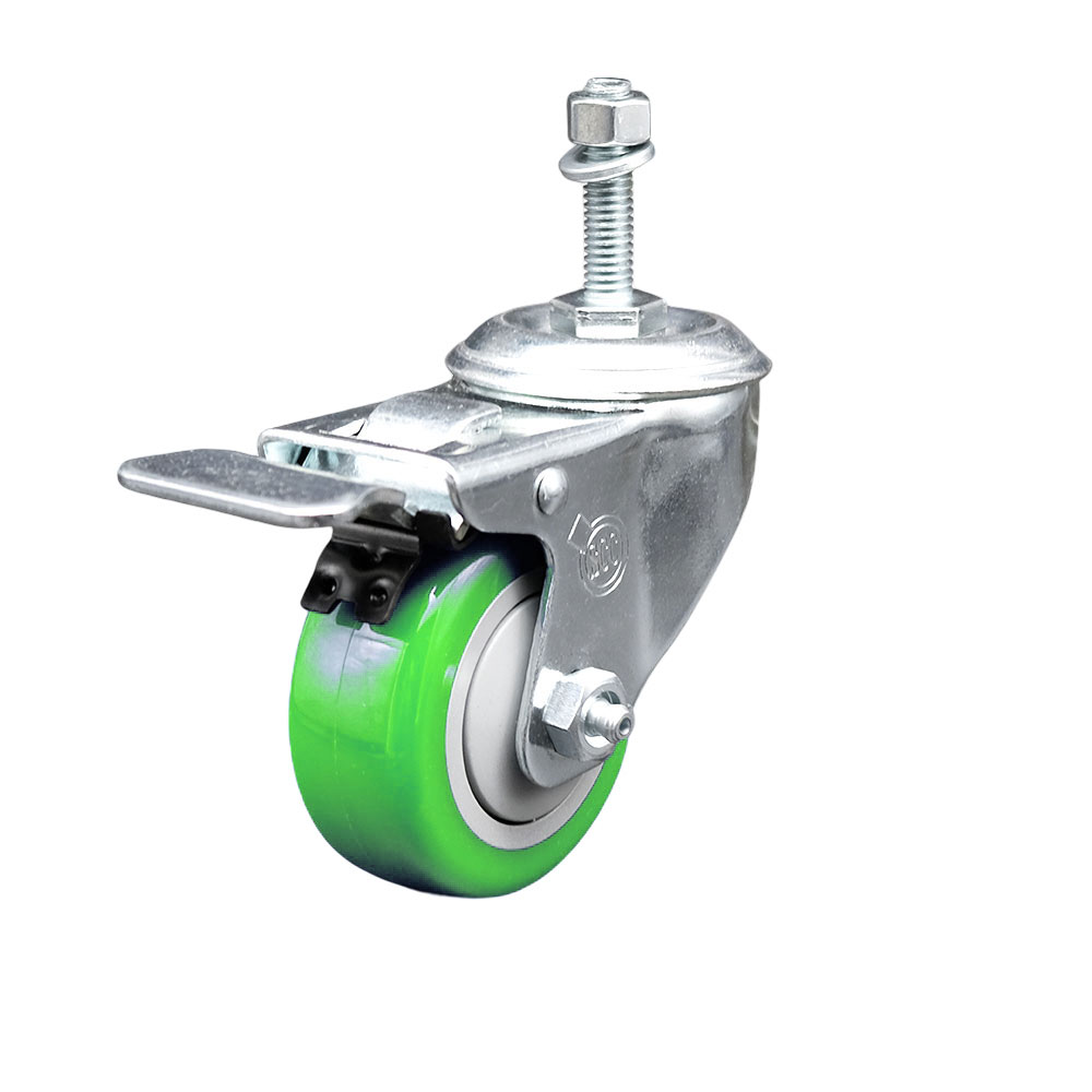 Stainless Steel Polyurethane Swivel Threaded Stem Caster w/3" x 1.25"  Green Wheel and 3/8" Stem & Total Locking Brake - 300 lbs Capacity/Caster - Service Caster Brand — photo 1