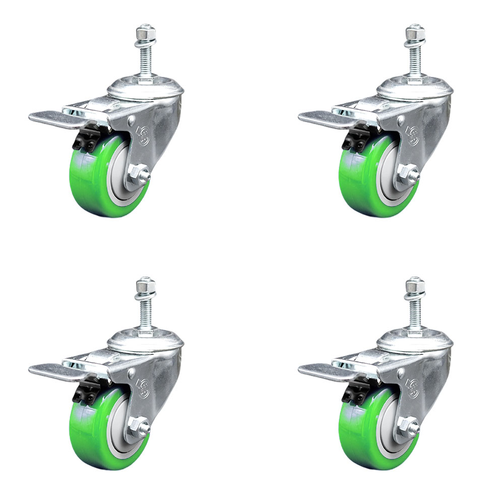 Stainless Steel Polyurethane Swivel Threaded Stem Caster Set of 4 w/3" x 1.25" Green Wheels and 10mm Stems - Includes 4 with Total Lock Brakes - 1200 lbs Total Capacity - Service Caster Brand — photo 1