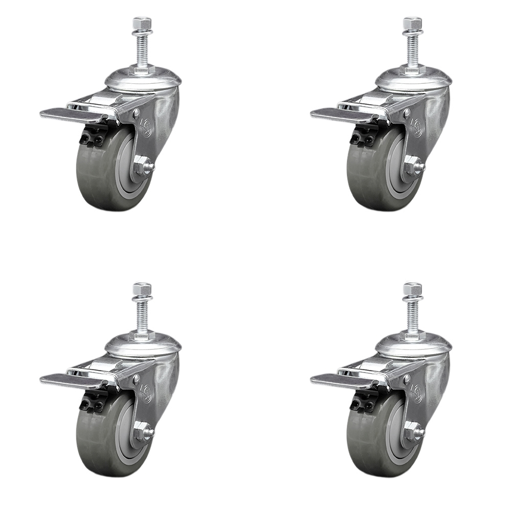 Stainless Steel Polyurethane Swivel Threaded Stem Caster Set of 4 w/3" x 1.25" Gray Wheels and 10mm Stems - Includes 4 with Total Lock Brakes - 1200 lbs Total Capacity - Service Caster Brand — photo 1