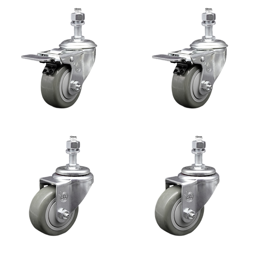 Stainless Steel Polyurethane Swivel Threaded Stem Caster Set of 4 w/3" x 1.25" Gray Wheels and 12mm Stems - Includes 2 with Total Locking Brake - 1200 lbs Total Capacity - Service Caster Brand — photo 1