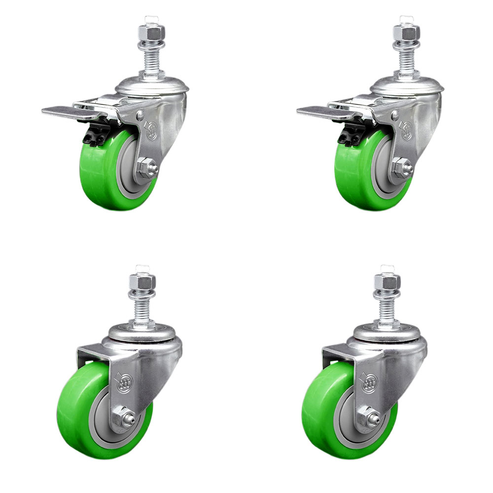 Stainless Steel Polyurethane Swivel Threaded Stem Caster Set of 4 w/3" x 1.25" Green Wheels and 12mm Stems - Includes 2 with Total Locking Brake - 1200 lbs Total Capacity - Service Caster Brand — photo 1