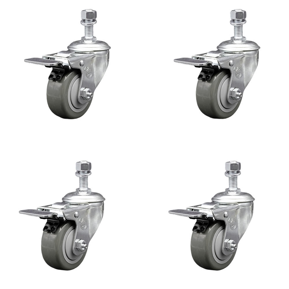 Stainless Steel Polyurethane Swivel Threaded Stem Caster Set of 4 w/3" x 1.25" Gray Wheels and 12mm Stems - Includes 4 with Total Lock Brakes - 1200 lbs Total Capacity - Service Caster Brand — photo 1