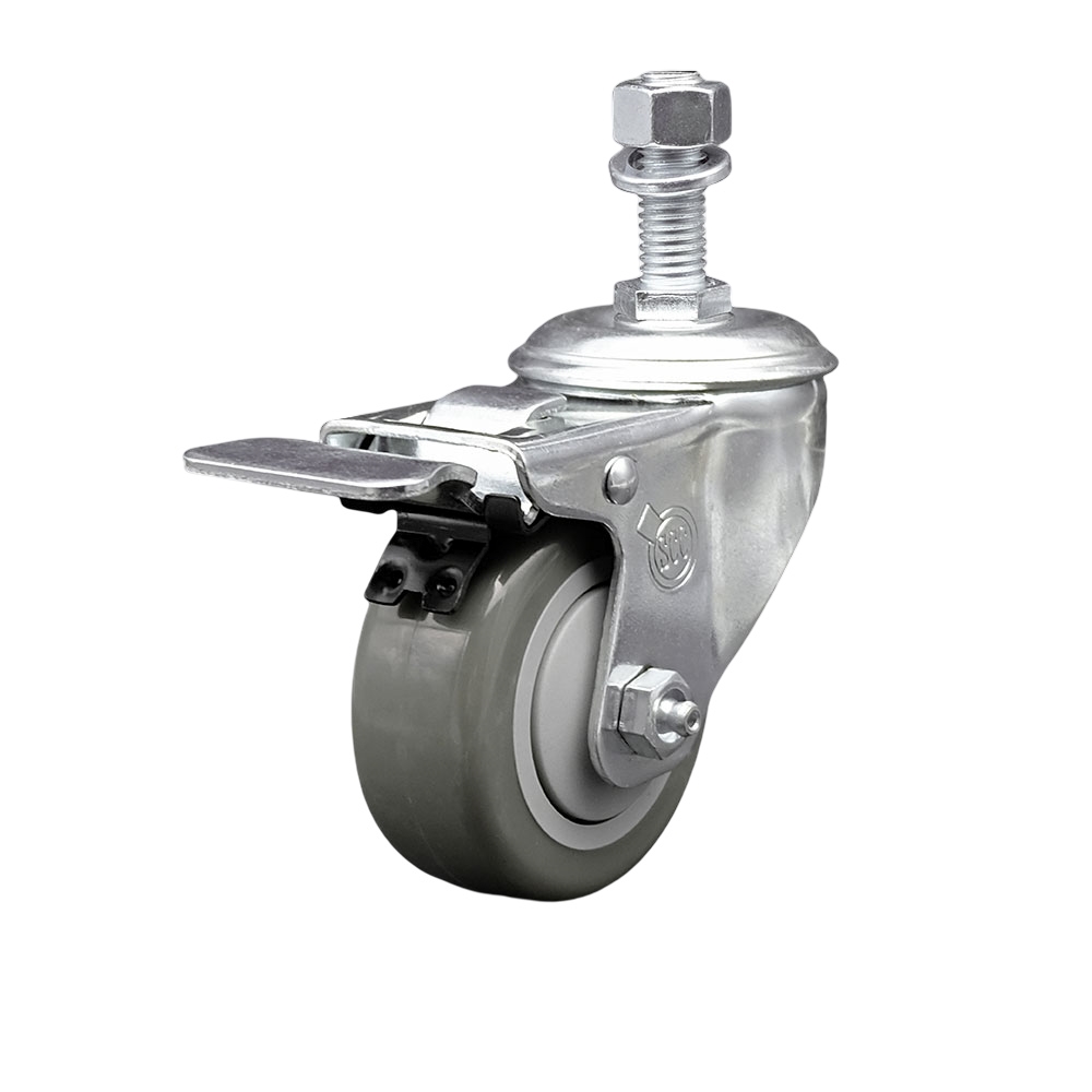 Stainless Steel Polyurethane Swivel Threaded Stem Caster w/3" x 1.25"  Gray Wheel and 12mm Stem & Total Locking Brake - 300 lbs Capacity/Caster - Service Caster Brand — photo 1
