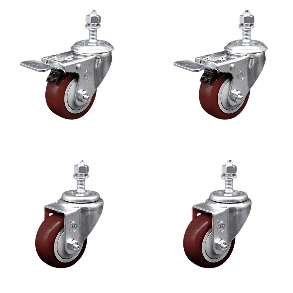 Stainless Steel Polyurethane Swivel Threaded Stem Caster Set of 4 w/3" x 1.25" Maroon Wheels and 1/2" Stems - Includes 2 with Total Locking Brake - 1200 lbs Total Capacity - Service Caster Brand — photo 1