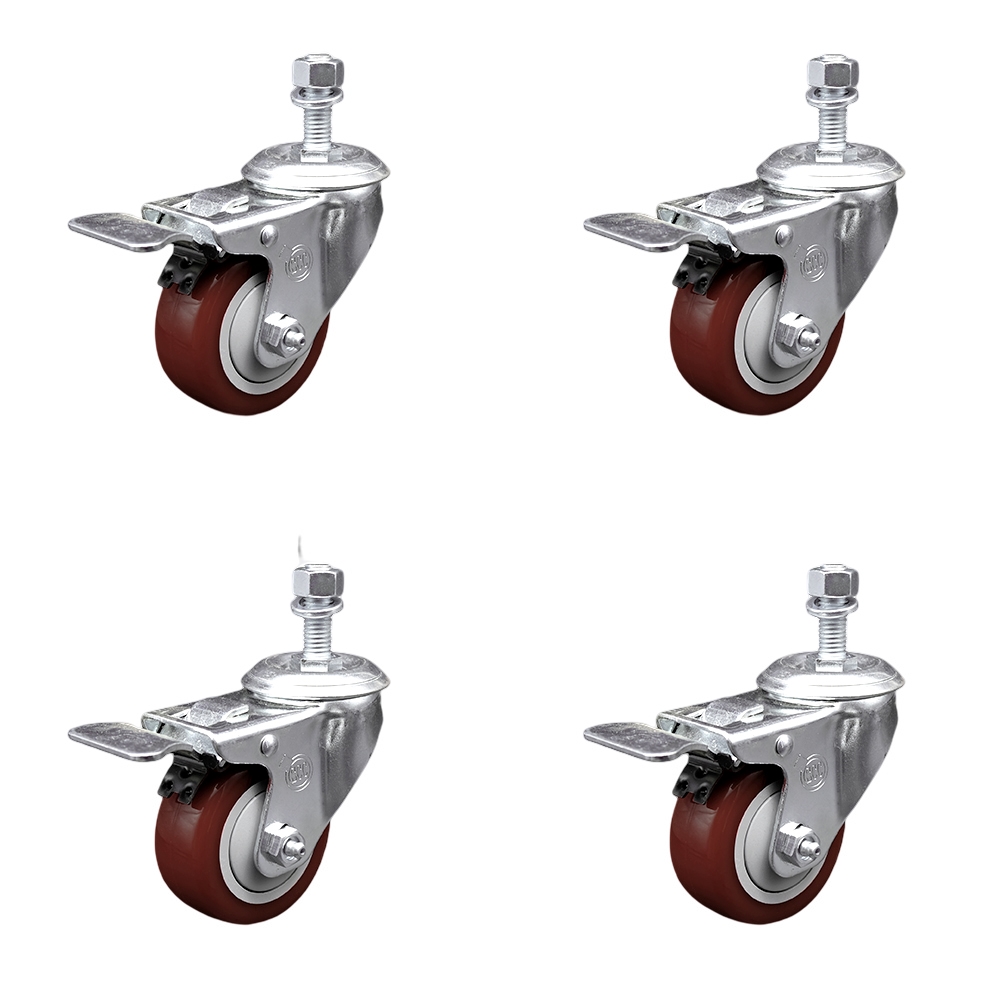 Stainless Steel Polyurethane Swivel Threaded Stem Caster Set of 4 w/3" x 1.25" Maroon Wheels and 1/2" Stems - Includes 4 with Total Lock Brakes - 1200 lbs Total Capacity - Service Caster Brand — photo 1