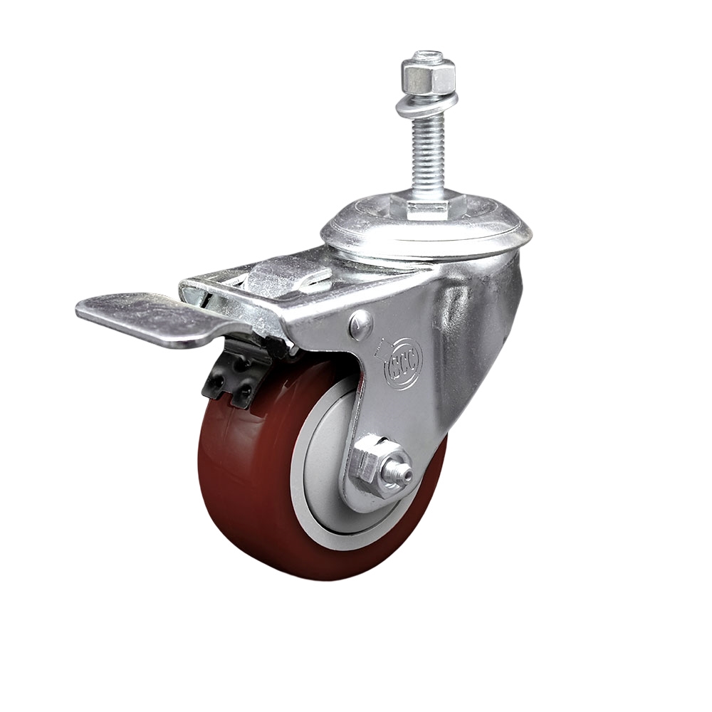 Stainless Steel Polyurethane Swivel Threaded Stem Caster w/3" x 1.25"  Maroon Wheel and 3/8" Stem & Total Locking Brake - 300 lbs Capacity/Caster - Service Caster Brand — photo 1