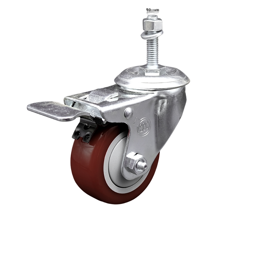 Stainless Steel Polyurethane Swivel Threaded Stem Caster w/3" x 1.25"  Maroon Wheel and 10mm Stem & Total Locking Brake - 300 lbs Capacity/Caster - Service Caster Brand — photo 1
