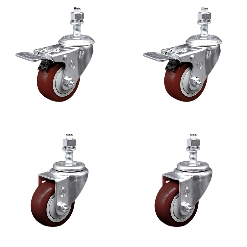Stainless Steel Polyurethane Swivel Threaded Stem Caster Set of 4 w/3" x 1.25" Maroon Wheels and 12mm Stems - Includes 2 with Total Locking Brake - 1200 lbs Total Capacity - Service Caster Brand — photo 1