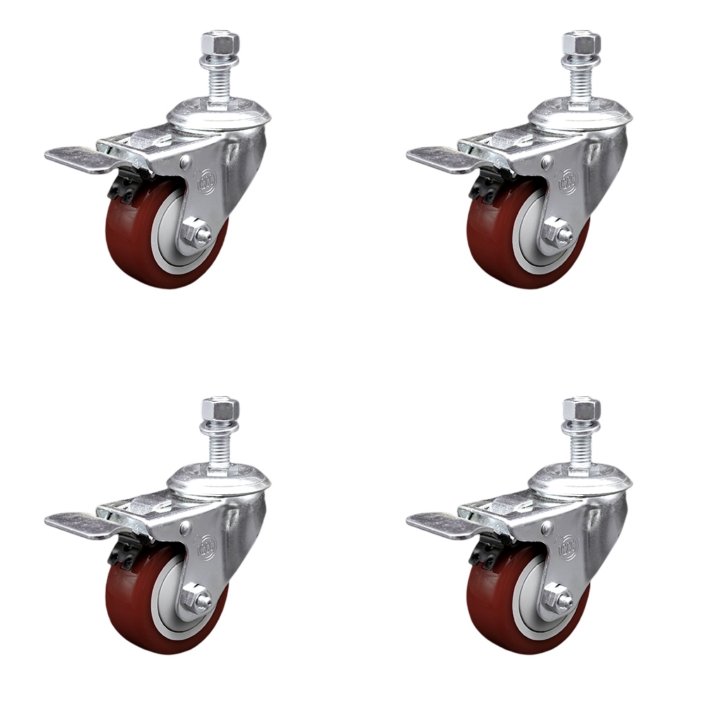 Stainless Steel Polyurethane Swivel Threaded Stem Caster Set of 4 w/3" x 1.25" Maroon Wheels and 12mm Stems - Includes 4 with Total Lock Brakes - 1200 lbs Total Capacity - Service Caster Brand — photo 1