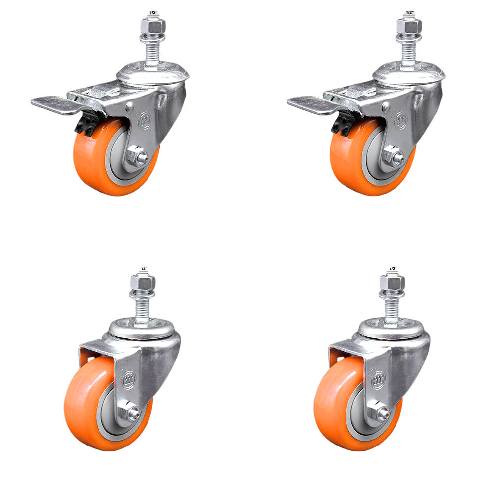Stainless Steel Polyurethane Swivel Threaded Stem Caster Set of 4 w/3" x 1.25" Orange Wheels and 1/2" Stems - Includes 2 with Total Locking Brake - 1200 lbs Total Capacity - Service Caster Brand — photo 1