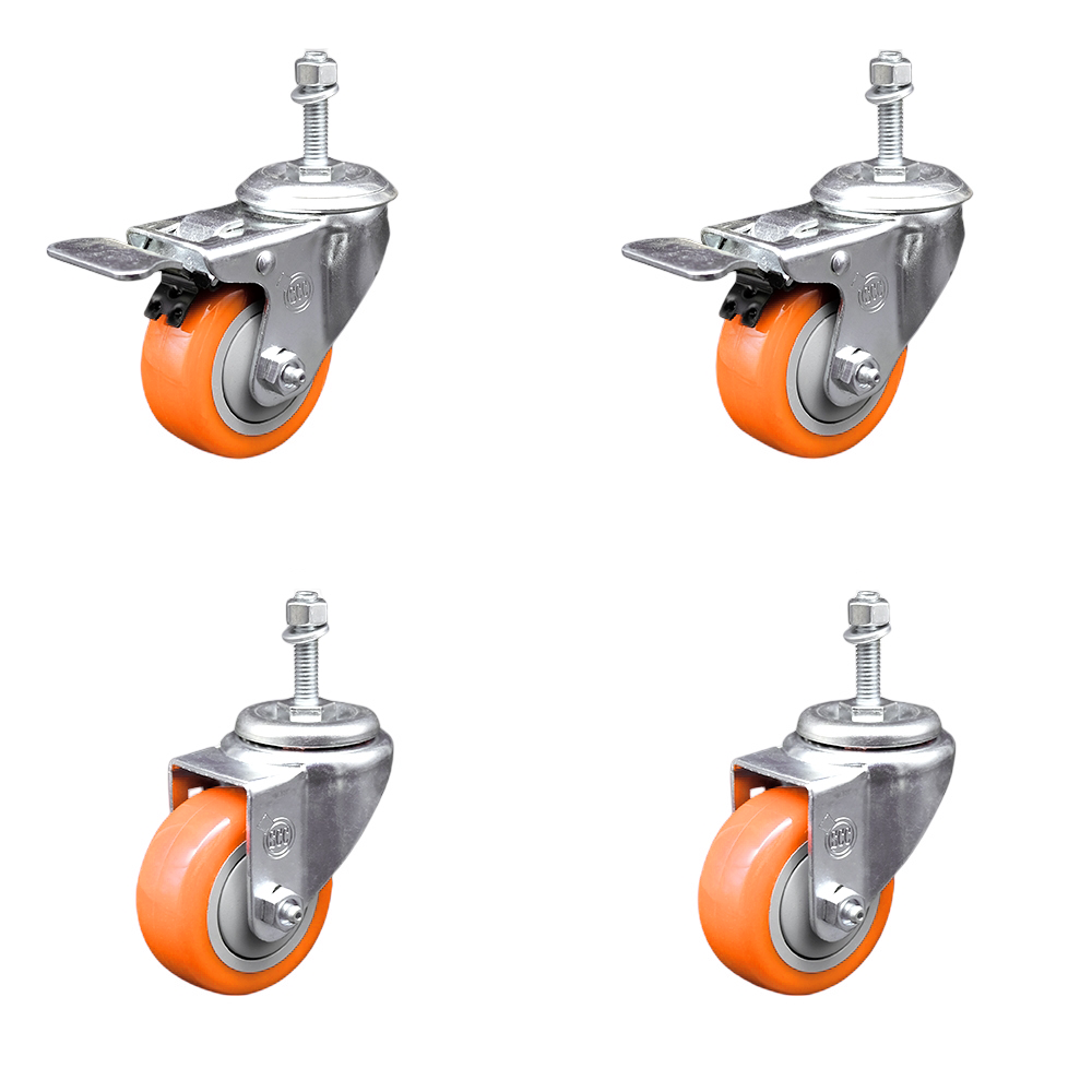 Stainless Steel Polyurethane Swivel Threaded Stem Caster Set of 4 w/3" x 1.25" Orange Wheels and 10mm Stems - Includes 2 with Total Locking Brake - 1200 lbs Total Capacity - Service Caster Brand — photo 1