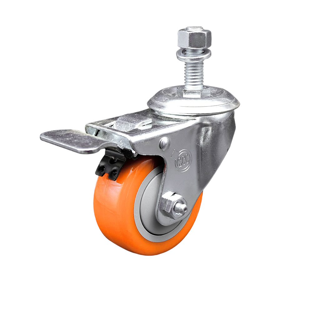 Stainless Steel Polyurethane Swivel Threaded Stem Caster w/3" x 1.25"  Orange Wheel and 12mm Stem & Total Locking Brake - 300 lbs Capacity/Caster - Service Caster Brand — photo 1