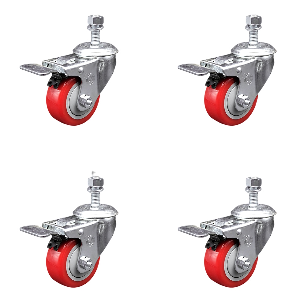 Stainless Steel Polyurethane Swivel Threaded Stem Caster Set of 4 w/3" x 1.25" Red Wheels and 1/2" Stems - Includes 4 with Total Lock Brakes - 1200 lbs Total Capacity - Service Caster Brand — photo 1