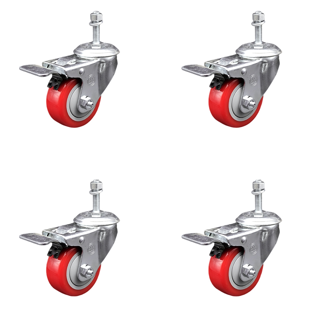 Stainless Steel Polyurethane Swivel Threaded Stem Caster Set of 4 w/3" x 1.25" Red Wheels and 3/8" Stems - Includes 4 with Total Lock Brakes - 1200 lbs Total Capacity - Service Caster Brand — photo 1
