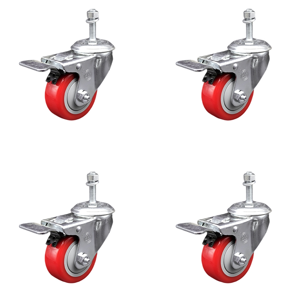 Stainless Steel Polyurethane Swivel Threaded Stem Caster Set of 4 w/3" x 1.25" Red Wheels and 10mm Stems - Includes 4 with Total Lock Brakes - 1200 lbs Total Capacity - Service Caster Brand — photo 1