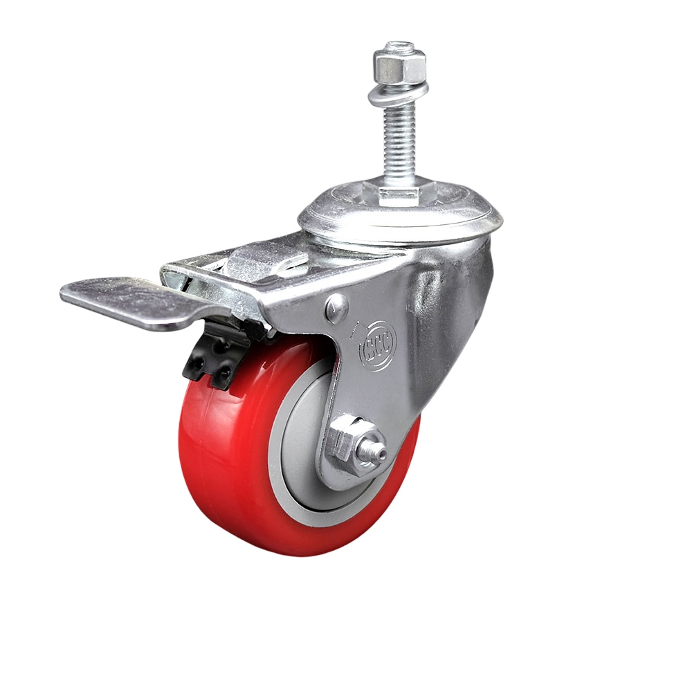 Stainless Steel Polyurethane Swivel Threaded Stem Caster w/3" x 1.25"  Red Wheel and 10mm Stem & Total Locking Brake - 300 lbs Capacity/Caster - Service Caster Brand — photo 1