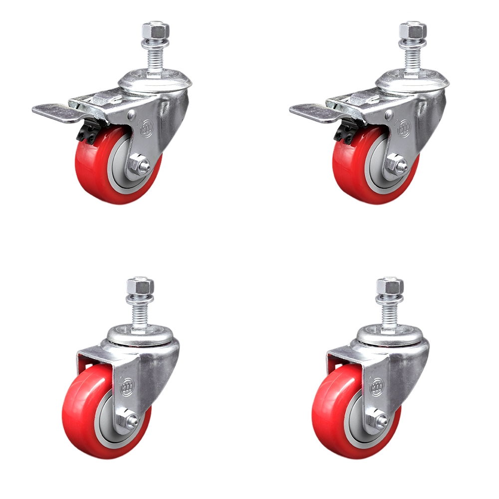 Stainless Steel Polyurethane Swivel Threaded Stem Caster Set of 4 w/3" x 1.25" Red Wheels and 12mm Stems - Includes 2 with Total Locking Brake - 1200 lbs Total Capacity - Service Caster Brand — photo 1
