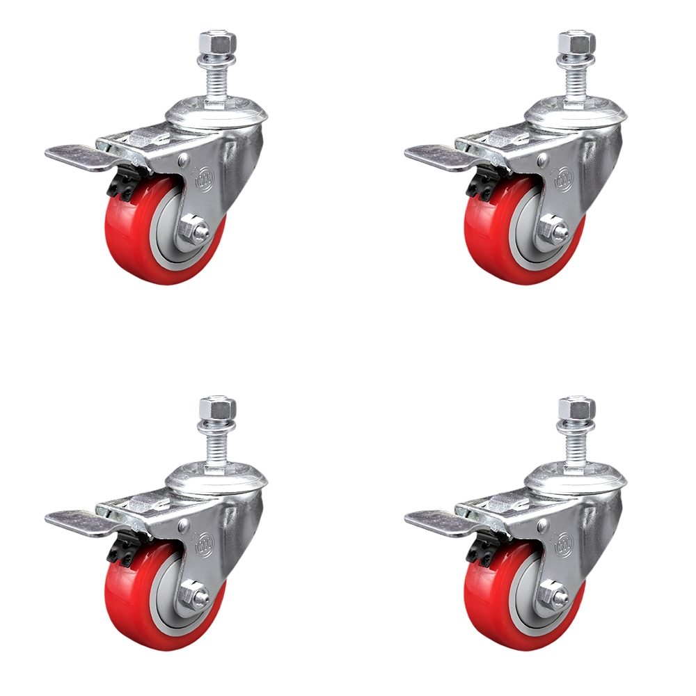 Stainless Steel Polyurethane Swivel Threaded Stem Caster Set of 4 w/3" x 1.25" Red Wheels and 12mm Stems - Includes 4 with Total Lock Brakes - 1200 lbs Total Capacity - Service Caster Brand — photo 1
