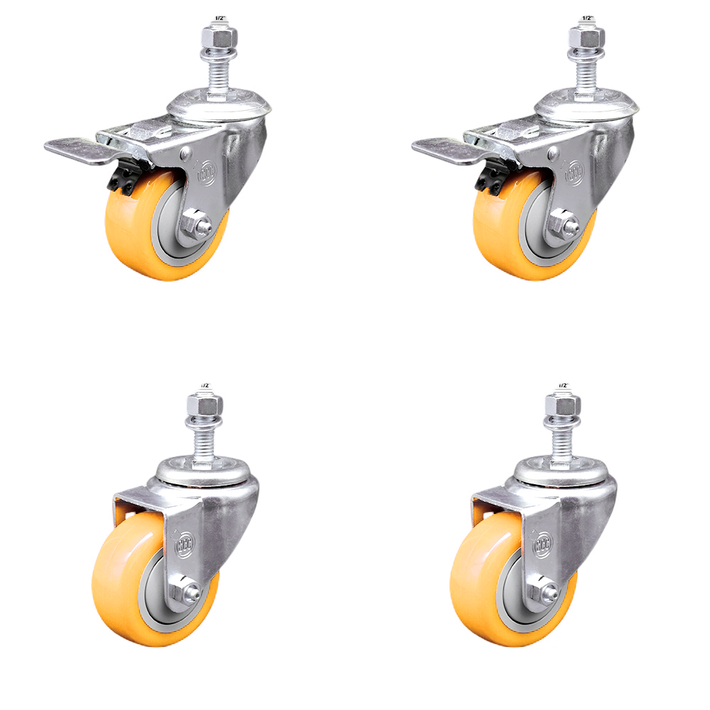 Stainless Steel Polyurethane Swivel Threaded Stem Caster Set of 4 w/3" x 1.25" Yellow Wheels and 1/2" Stems - Includes 2 with Total Locking Brake - 1200 lbs Total Capacity - Service Caster Brand — photo 1
