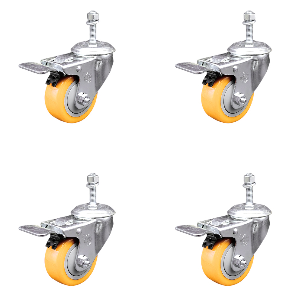 Stainless Steel Polyurethane Swivel Threaded Stem Caster Set of 4 w/3" x 1.25" Yellow Wheels and 3/8" Stems - Includes 4 with Total Lock Brakes - 1200 lbs Total Capacity - Service Caster Brand — photo 1