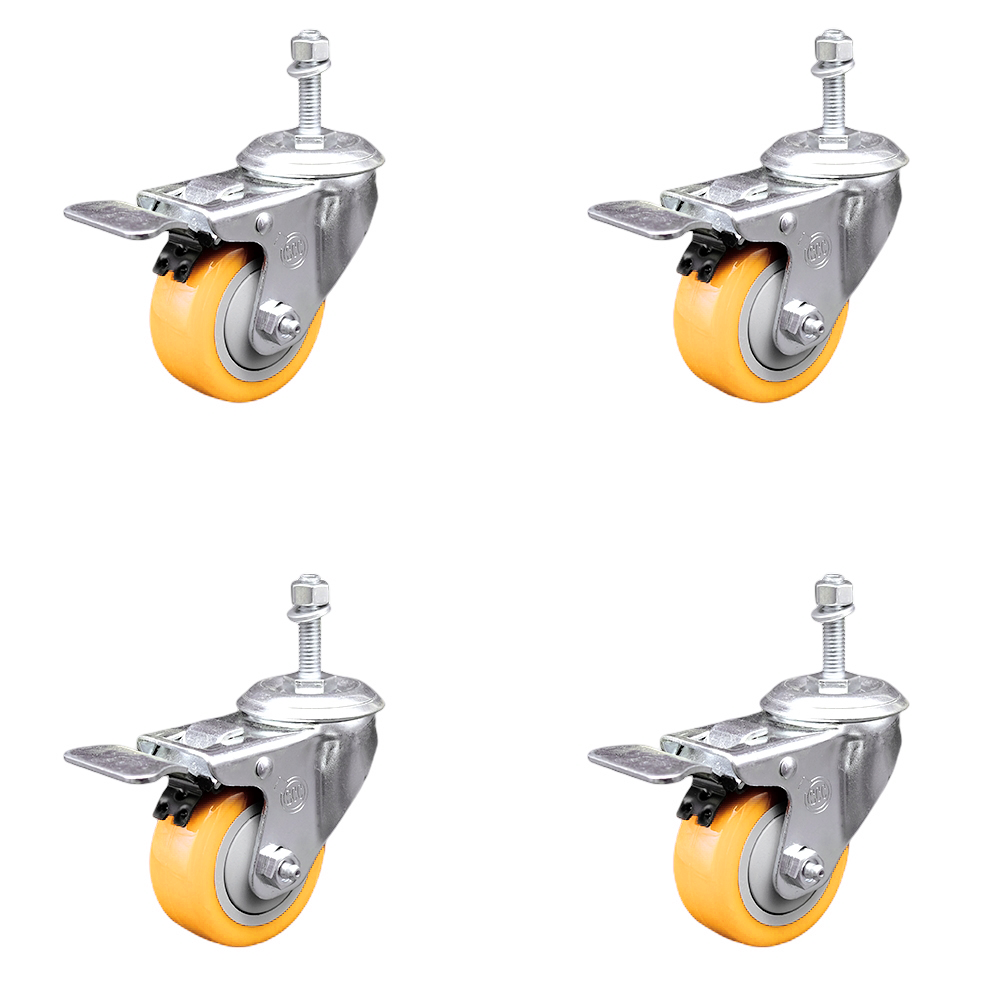 Stainless Steel Polyurethane Swivel Threaded Stem Caster Set of 4 w/3" x 1.25" Yellow Wheels and 10mm Stems - Includes 4 with Total Lock Brakes - 1200 lbs Total Capacity - Service Caster Brand — photo 1