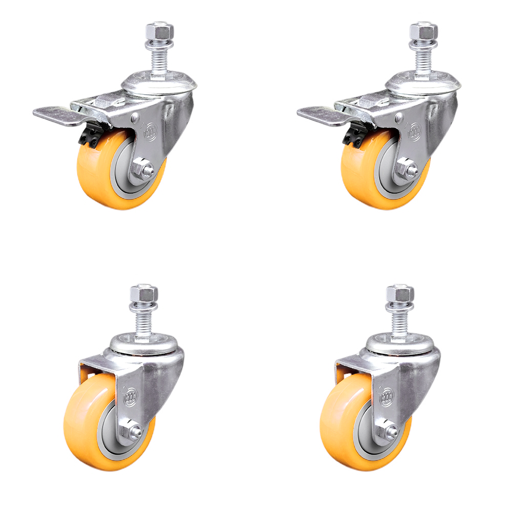 Stainless Steel Polyurethane Swivel Threaded Stem Caster Set of 4 w/3" x 1.25" Yellow Wheels and 12mm Stems - Includes 2 with Total Locking Brake - 1200 lbs Total Capacity - Service Caster Brand — photo 1