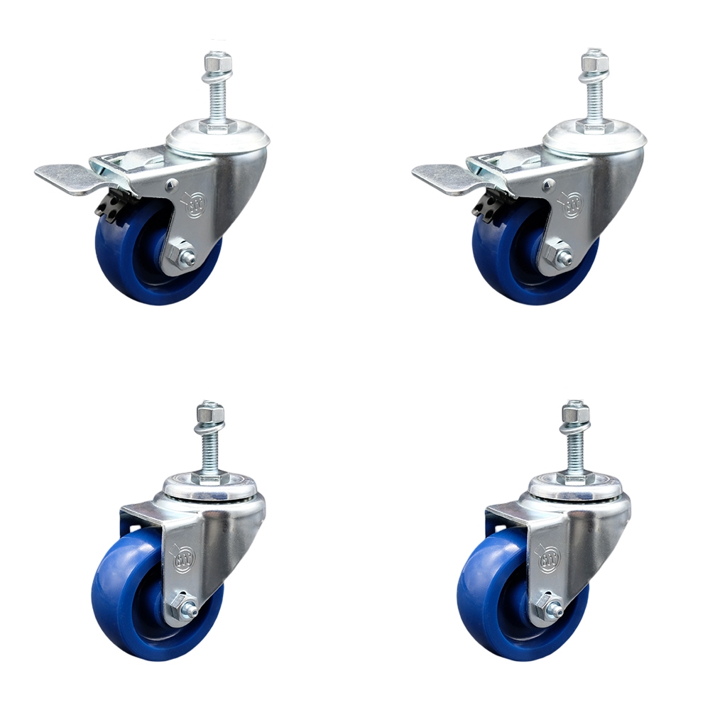 Stainless Steel Solid Polyurethane Swivel Threaded Stem Caster Set 4 w/3" x 1.25" Blue Wheels and 10MM Metric Stems - Includes 2 with Total Locking Brake - 1200 lbs Total Capacity-Service Caster Brand — photo 1