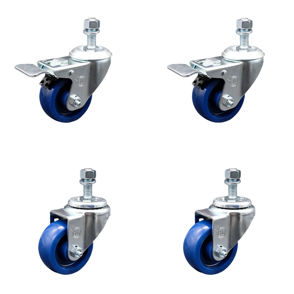 Stainless Steel Solid Polyurethane Swivel Threaded Stem Caster Set 4 w/3" x 1.25" Blue Wheels and 12MM Metric Stems - Includes 2 with Total Locking Brake - 1200 lbs Total Capacity-Service Caster Brand — photo 1