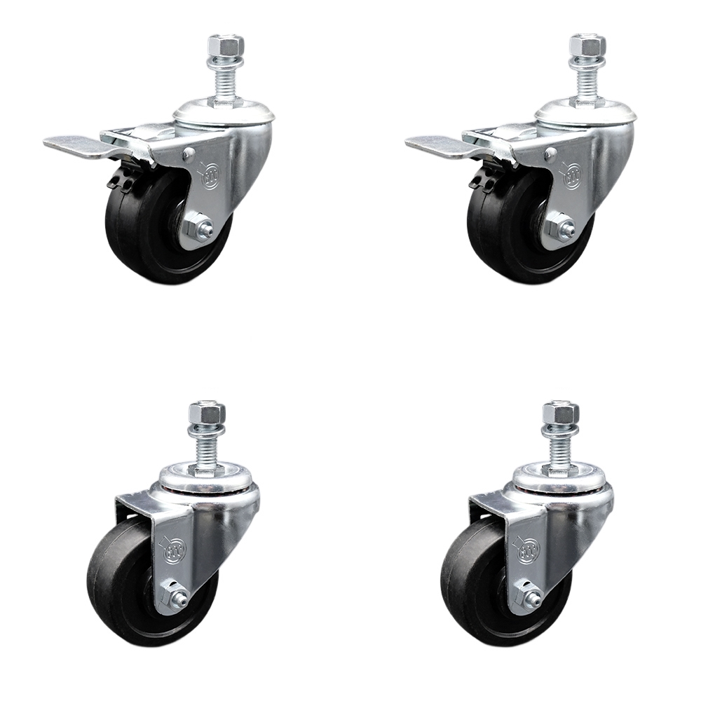 Stainless Steel Soft Rubber Swivel Threaded Stem Caster Set of 4 w/3" x 1.25" Black Wheels and 1/2" Stems - Includes 2 with Total Locking Brake - 700 lbs Total Capacity - Service Caster Brand — photo 1