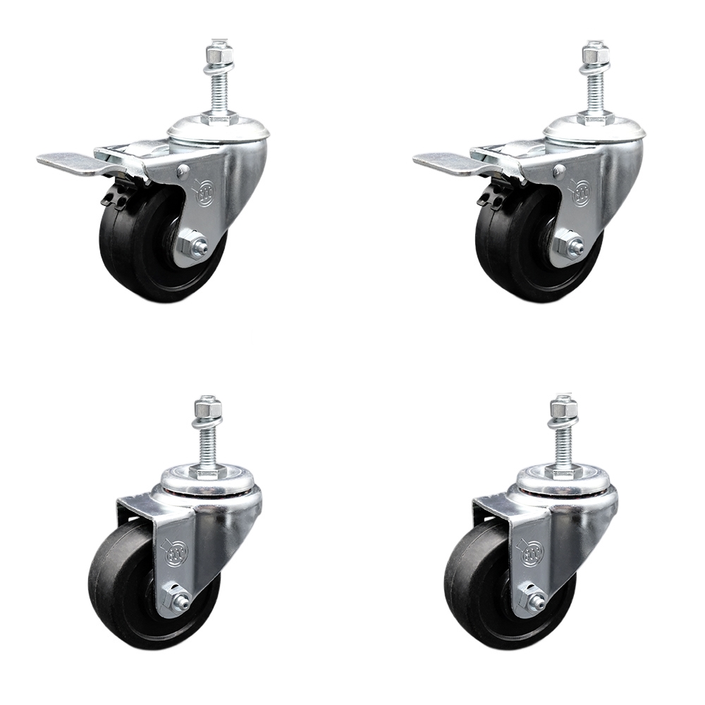 Stainless Steel Soft Rubber Swivel Threaded Stem Caster Set of 4 w/3" x 1.25" Black Wheels and 3/8" Stems - Includes 2 with Total Locking Brake - 700 lbs Total Capacity - Service Caster Brand — photo 1
