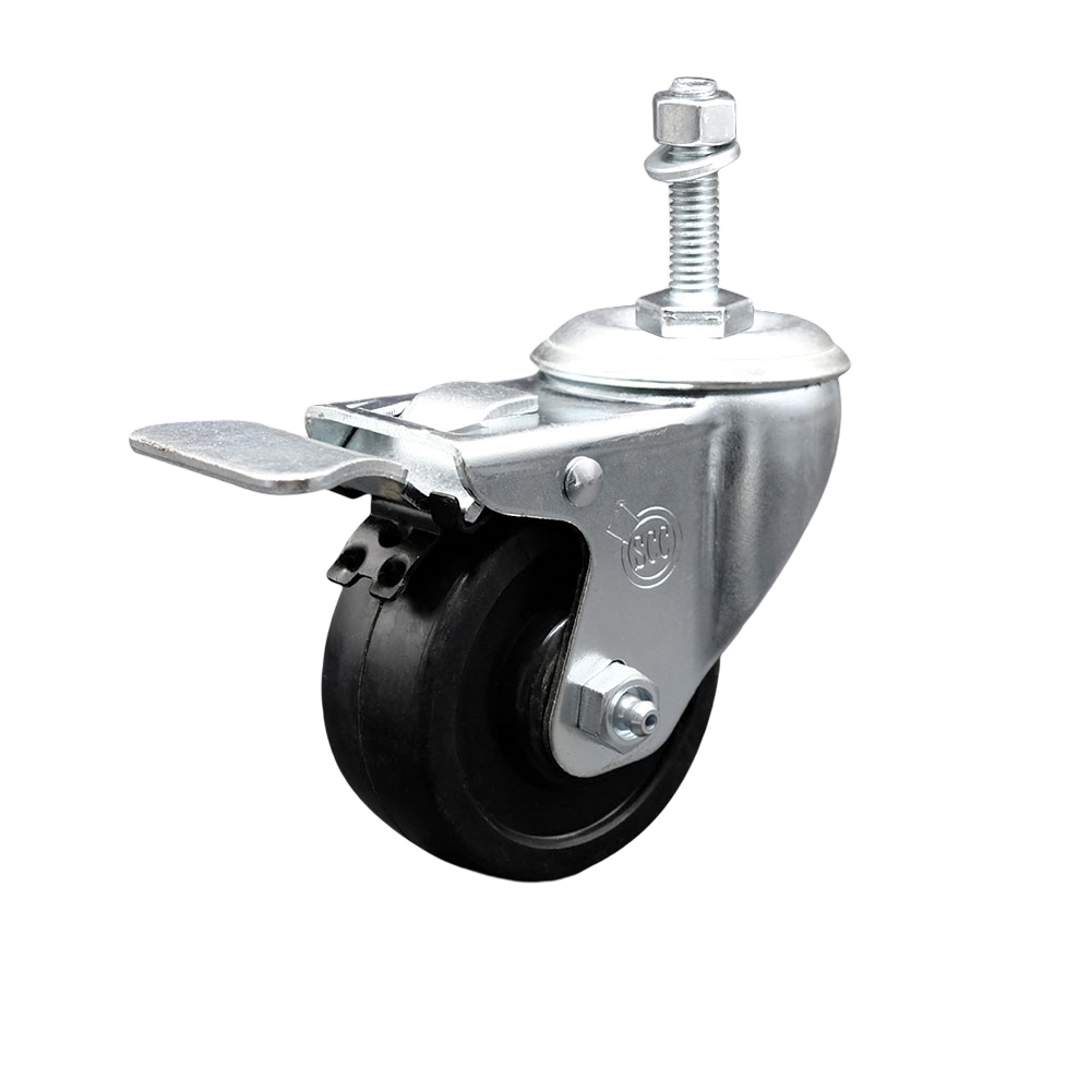 Stainless Steel Soft Rubber Swivel Threaded Stem Caster w/3" x 1.25" Black Wheel and 3/8" Stem & Total Locking Brake - 175 lbs Capacity/Caster - Service Caster Brand — photo 1