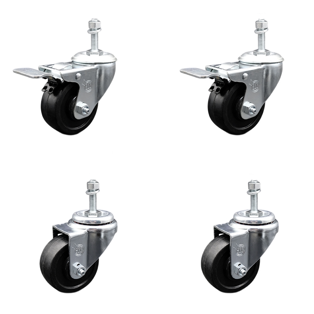 Stainless Steel Soft Rubber Swivel Threaded Stem Caster Set 4 w/3" x 1.25" Black Wheels and 10MM Metric Stems - Includes 2 with Total Locking Brake - 700 lbs Total Capacity-Service Caster Brand — photo 1