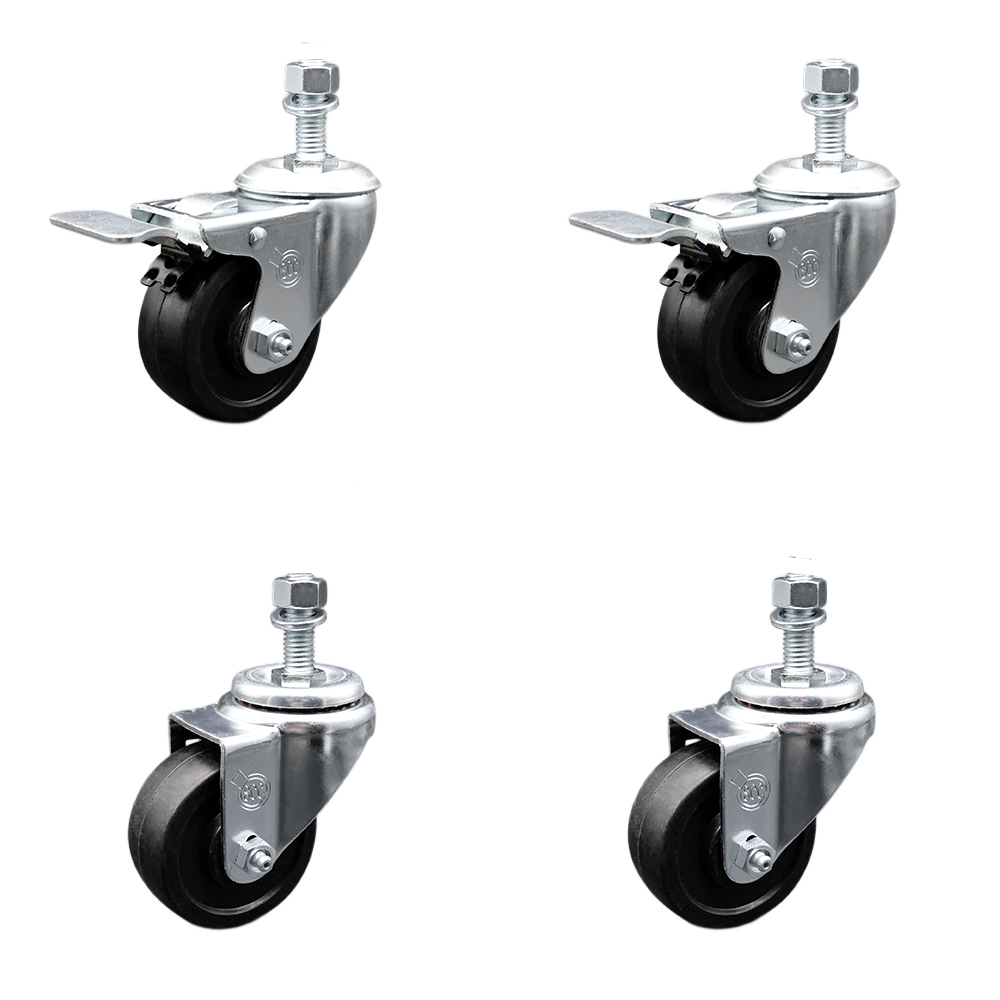 Stainless Steel Soft Rubber Swivel Threaded Stem Caster Set 4 w/3" x 1.25" Black Wheels and 12MM Metric Stems - Includes 2 with Total Locking Brake - 700 lbs Total Capacity-Service Caster Brand — photo 1