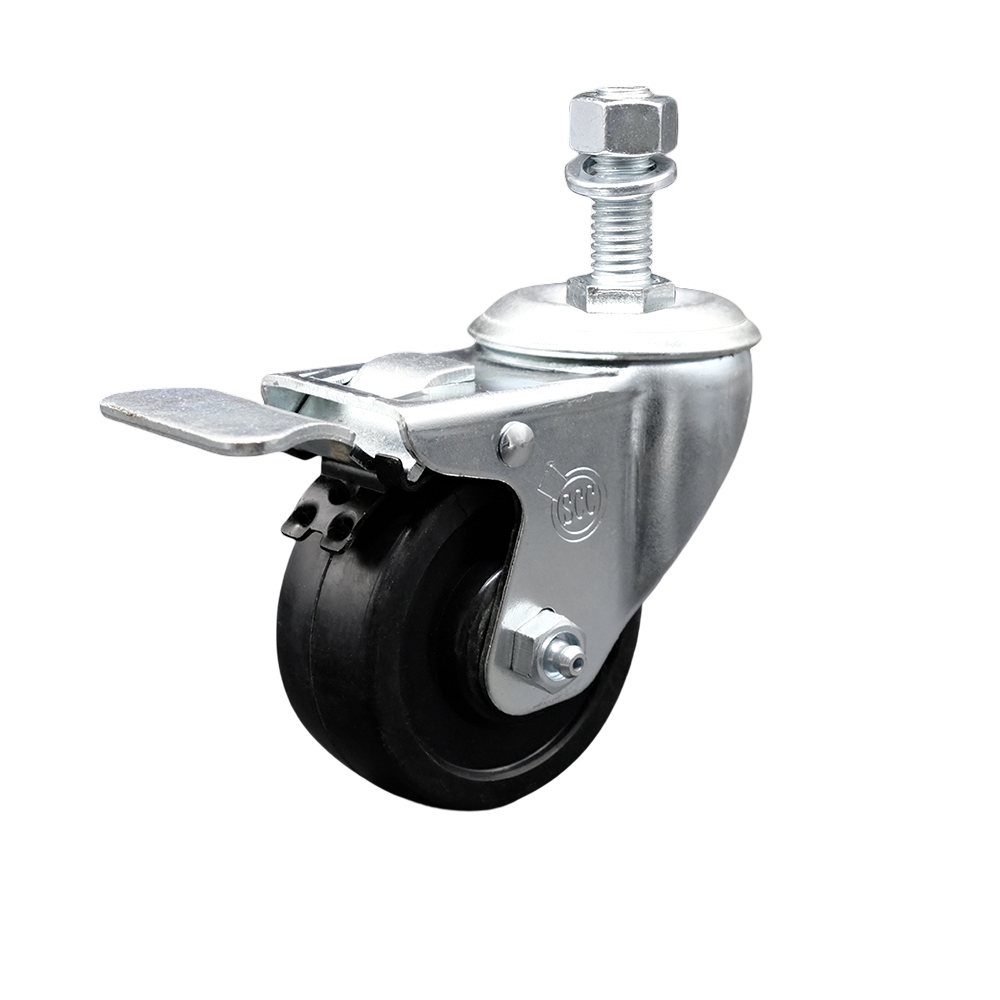 Stainless Steel Soft Rubber Swivel Threaded Stem Caster w/3" x 1.25" Black Wheel and 12MM Metric Stem & Total Locking Brake - 175 lbs Capacity/Caster - Service Caster Brand — photo 1